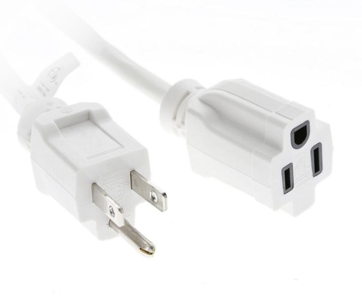 A white power extension cord with two ends on display.